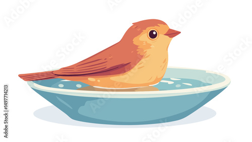 The image is a digital illustration depicting a small, cartoonish bird with predominantly orange and yellow plumage. The bird is situated in a shallow, light blue bowl filled with water, depicted.