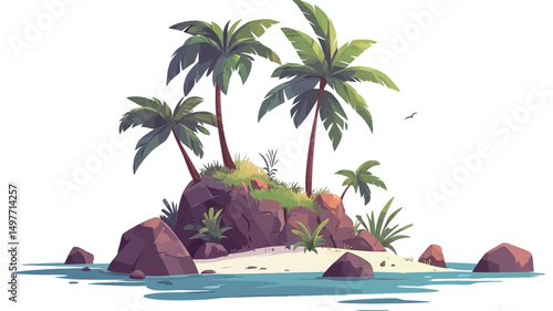 The image is a digital illustration depicting a small, idyllic tropical island. The island features three stylized palm trees with vibrant green fronds, situated on a rocky outcrop rendered in.