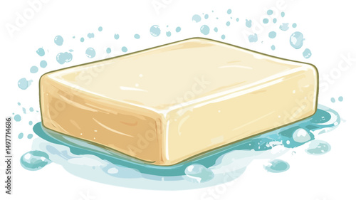 A digital illustration depicts a rectangular bar of off-white soap partially submerged in water. The soap has a slightly textured surface, suggesting a handmade or artisanal quality. Small, light.