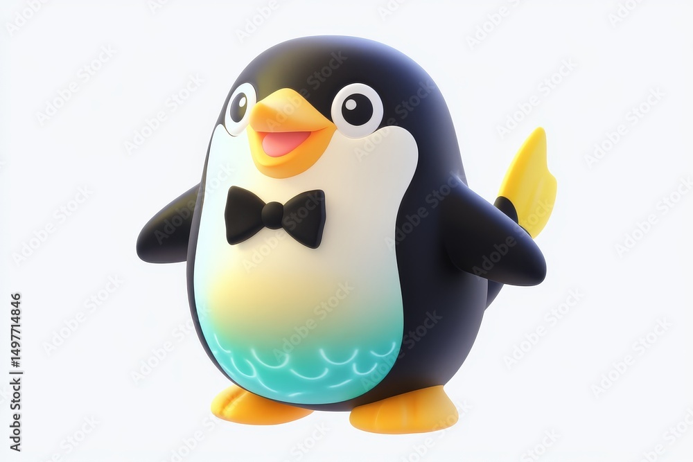 Obraz premium 3D Cartoon Penguin Fish Delivery Icon with Classic Tuxedo Black and Lemon Zest Colors, Ultra High Definition Isometric View on White Background, Detailed Studio Lighting