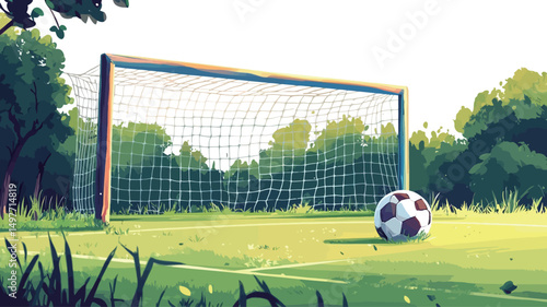 The image is a digital painting depicting a soccer goal situated on a verdant grassy field. The goal is rendered with a painterly style, exhibiting visible brushstrokes and a slightly.