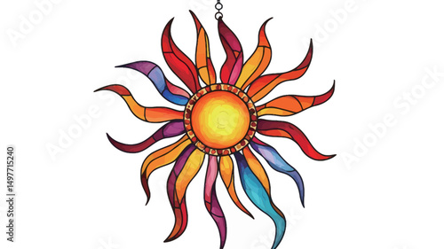 The image showcases a stylized sunburst design rendered in a stained glass aesthetic. The central motif is a circular, yellow sun, surrounded by radiating, curved rays of varying colors including
