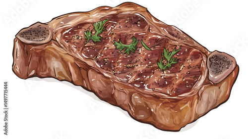 Close-up illustration of a grilled steak. The steak is depicted with a high degree of detail, showcasing its rich brown color, caramelized edges, and visible texture.