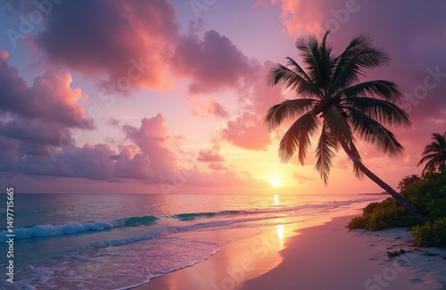 Tropical beach at sunset. Calm sea, white sand, palm trees silhouettes, sun, sky colors. Travel, vacation, paradise, holiday, relax, ocean shore, summer time.