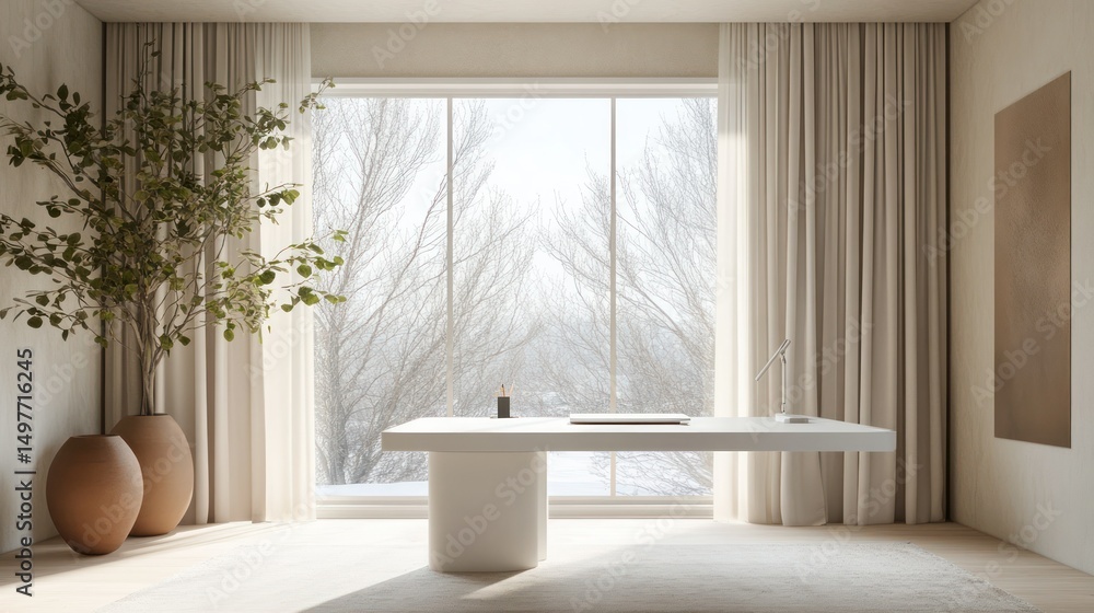 Fototapeta premium Minimalist interior with desk, plant, and winter view. Clean, serene design.