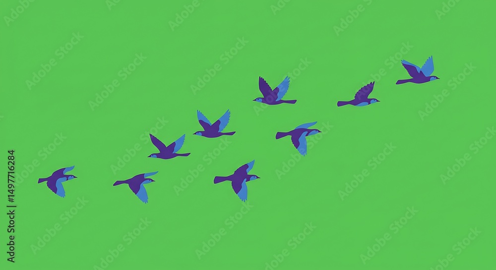 Obraz premium Birds Flying in V Formation Against Green Background