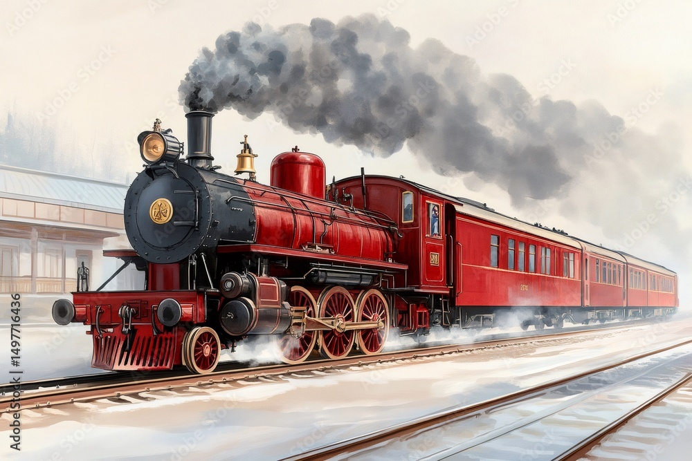 Red steam train leaving station, approaching winter landscape Red steam train leaving station, approaching winter landscape