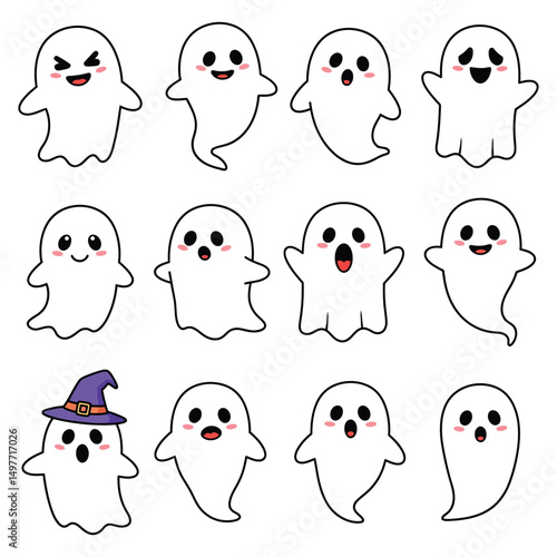 Cartoon Halloween Ghosts Vector Set – Cute Spooky Characters Collection