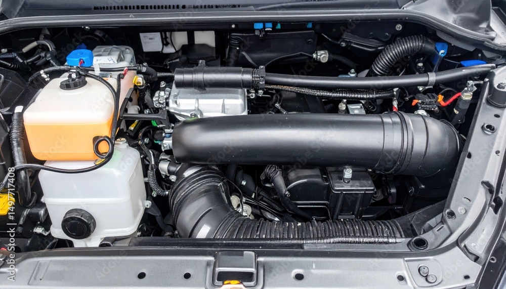 Fototapeta premium Detailed Close-Up of a Modern Vehicle Engine Bay Components Configuration