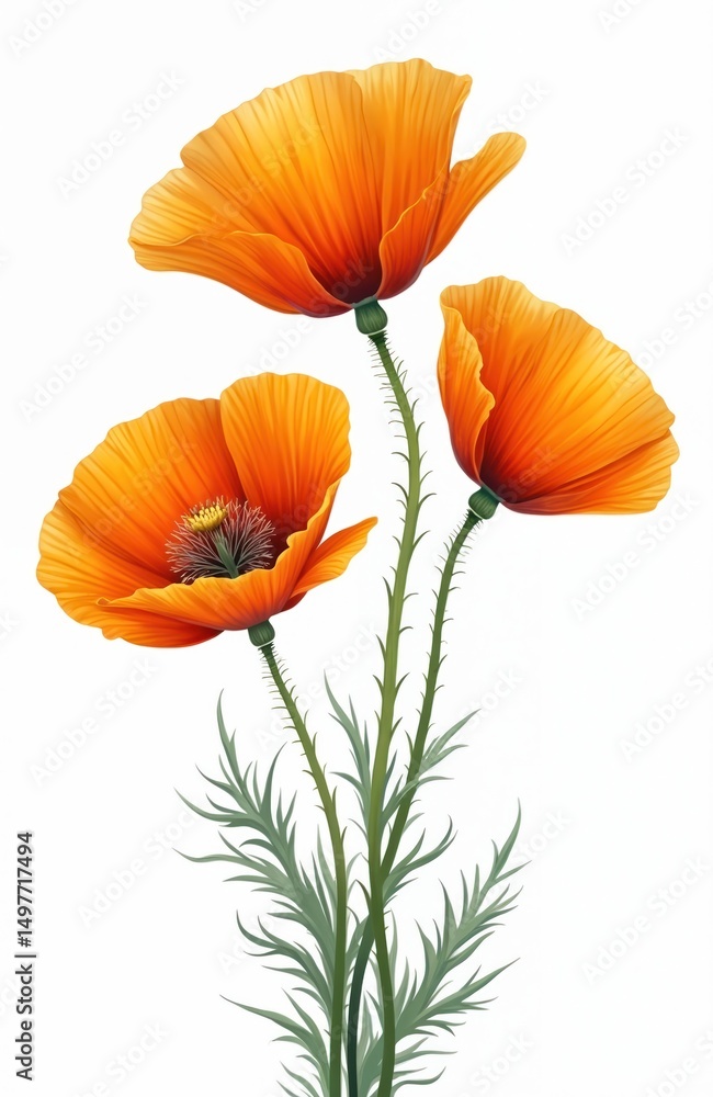 Fototapeta premium Orange California poppies illustration on transparent background. Digital art, perfect for design. Vibrant blooms, green stems, leaves. Spring season. Cheerful floral artwork for print, decoration.
