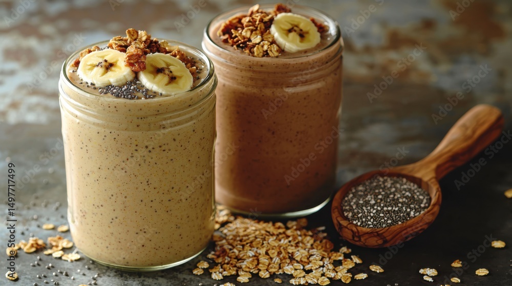 A healthy breakfast featuring two fresh and vibrant smoothies topped with granola and banana slices. A healthy breakfast featuring two fresh and vibrant smoothies topped with granola and banana slices.