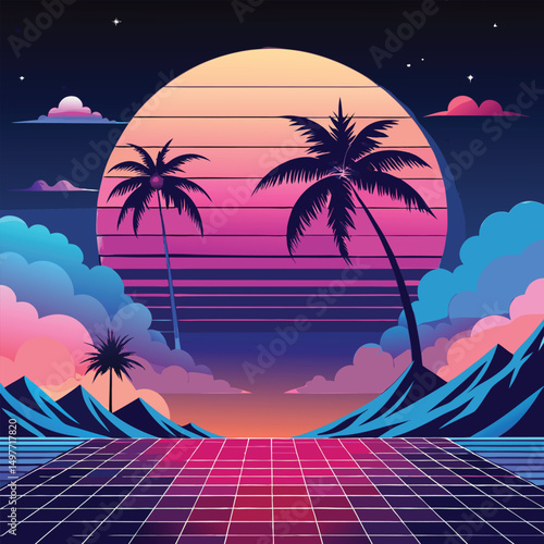 Retro Sunset Palm Tree Landscape Synthwave Art