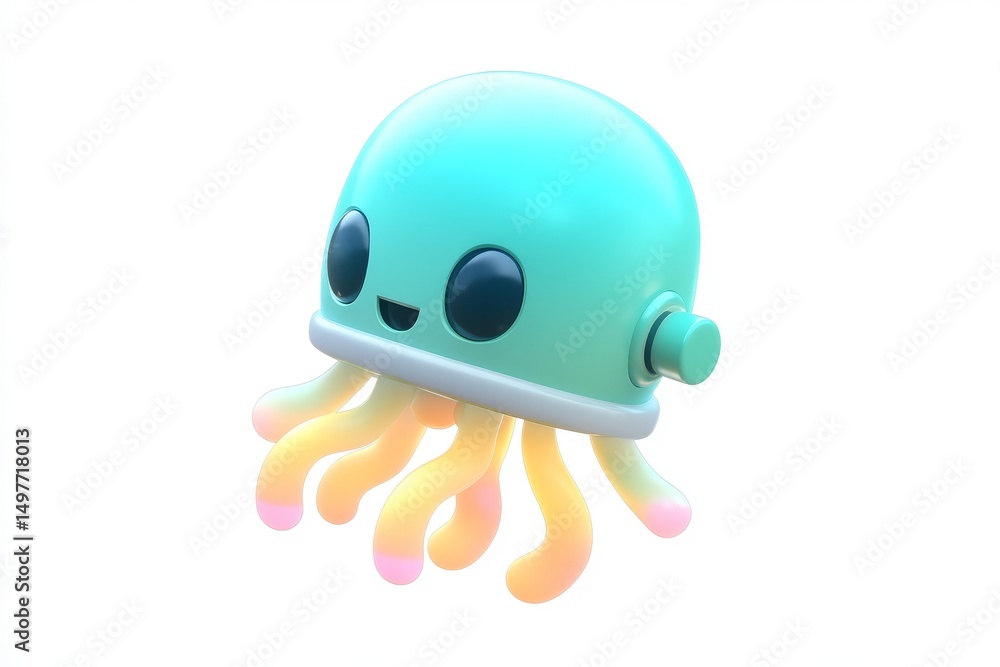 Fototapeta premium 3D Cartoon Robotic Jellyfish with Chrome Body and Glowing Circuits on White Background, Ultra High Definition Isometric View