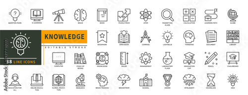 Minimalist Knowledge line icon set with editable stroke, featuring e-learning telescope, brain,  book, atom, school, research, global education, calculator, document, graduation, globe. illustration.
