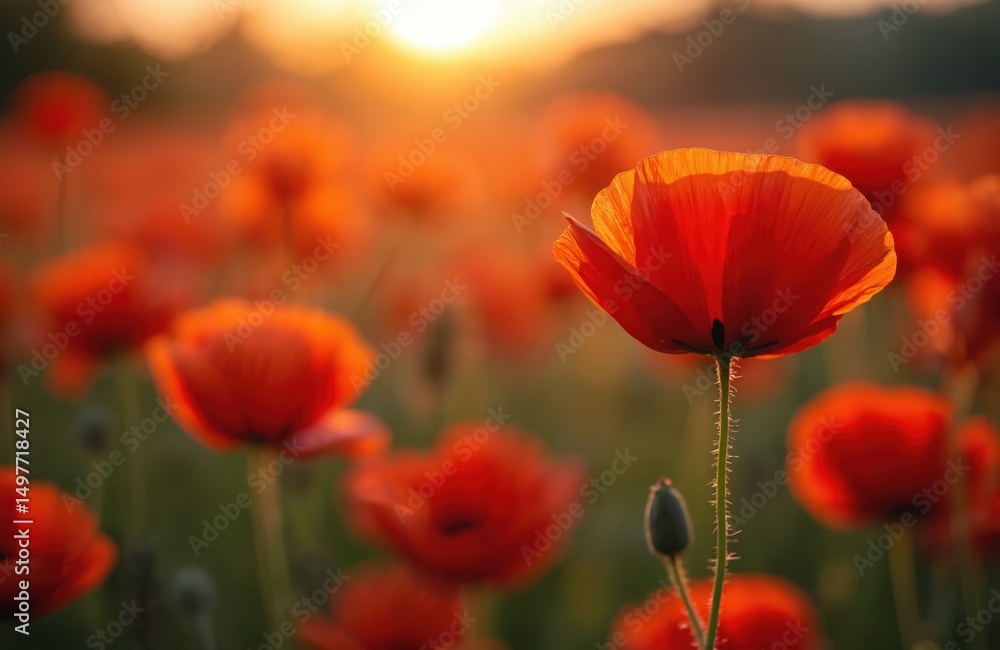Obraz premium Vivid poppy field in bloom, symbol of remembrance for fallen soldiers, warm summer day. Red flowers, green stems against sunset. Memorial day, war veterans sacrifice, respect and peace concept.