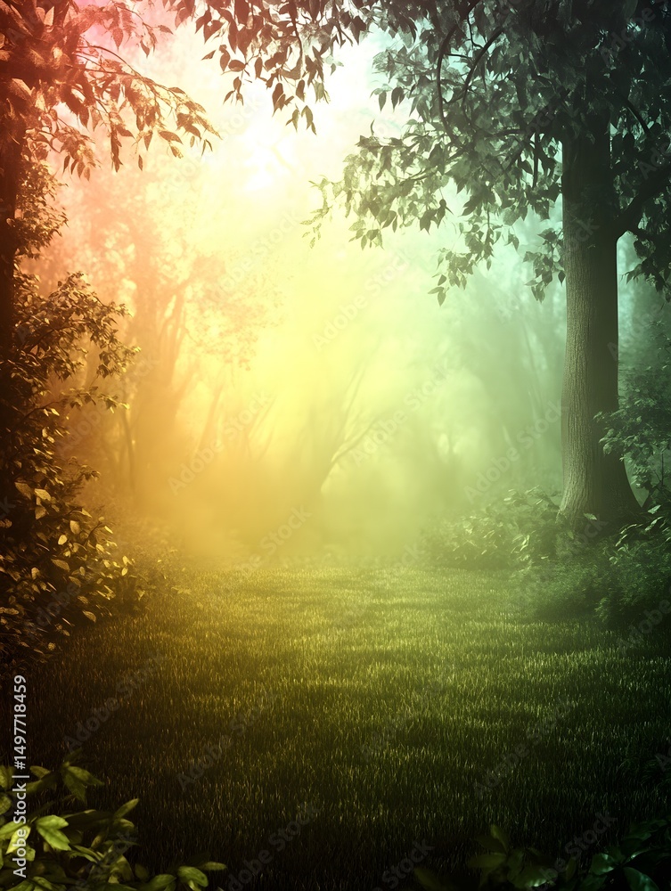 Obraz premium A mystical forest path with sunlight streaming through the trees and a foggy, dreamlike atmosphere