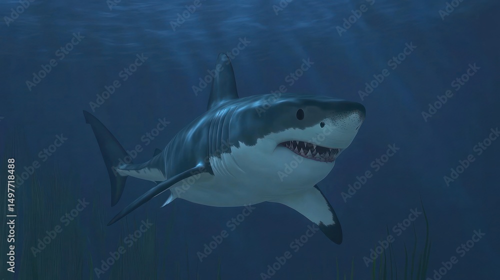Fototapeta premium Great white shark swimming underwater.