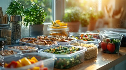 Prepared meals in containers on a kitchen counter