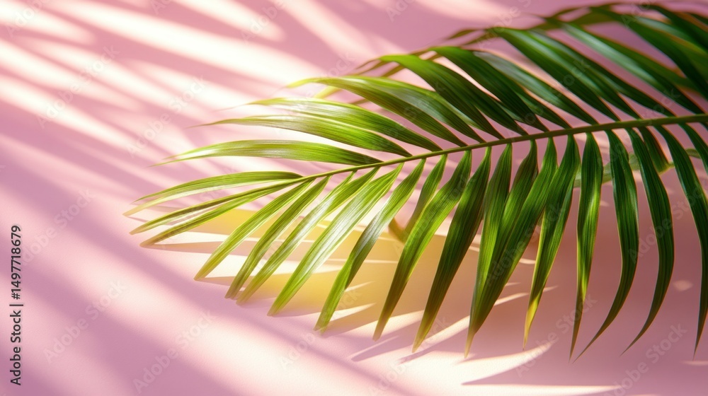 Fototapeta premium Vibrant palm leaf on a soft pink background