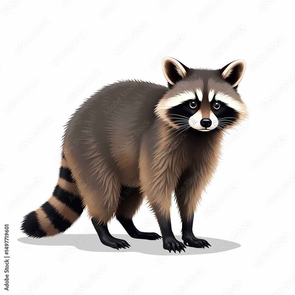 Obraz premium Illustration of raccoon standing on white background. Furry mammal animal with distinctive facial mask. Striped tail, curious look. Popular clip art character. Use for educational, fun, kids projects