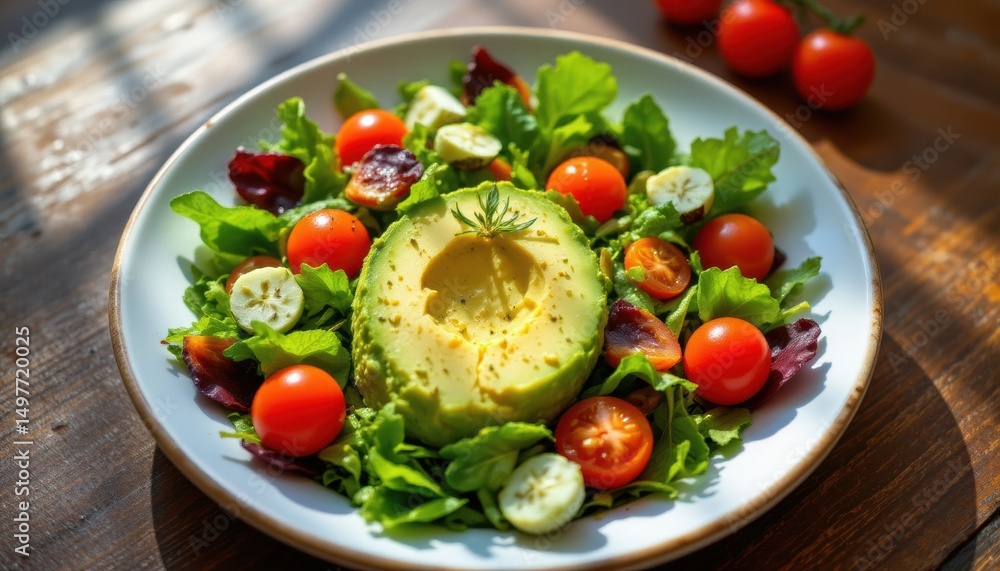 a vibrant and healthy salad featuring a variety of greens, cherry tomatoes, and avocado, perfectly presented under a sunbeam a vibrant and healthy salad featuring a variety of greens, cherry tomatoes, and avocado, perfectly presented under a sunbeam