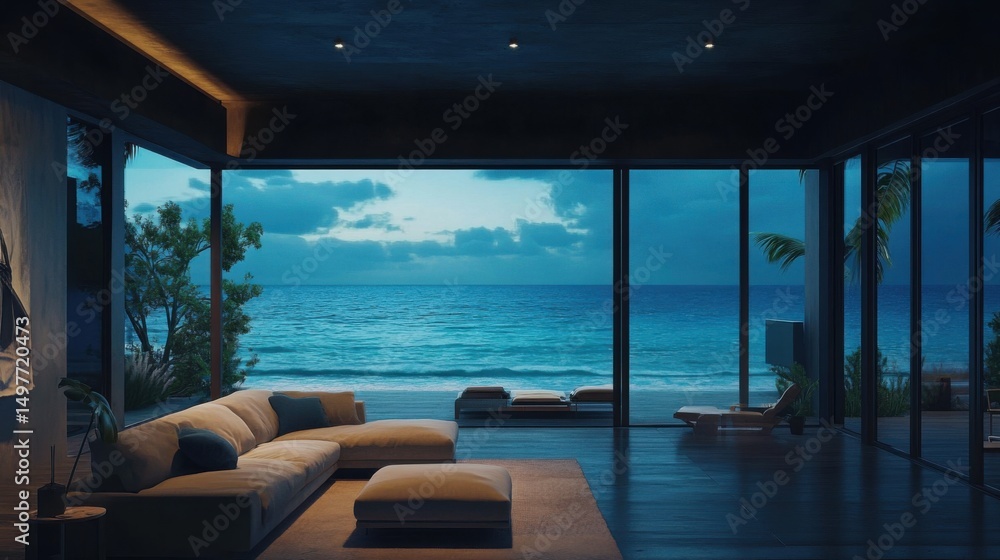 Fototapeta premium Oceanfront Living Room at Dusk.