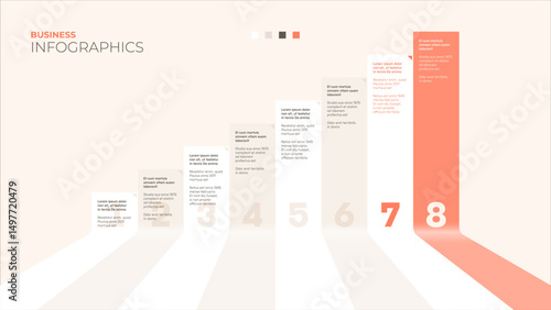 Eight steps or options. Vector infographic template in warm, light colors for presentations, annual reports, albums, brochures, and the like