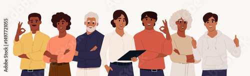 Happy Black businesspeople standing together. Group portrait of men and women colleagues. Flat vector illustration isolated on white background.