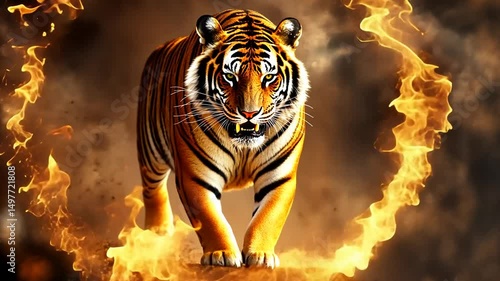 Fiery tiger leaping, sparks flying, dark background, game asset