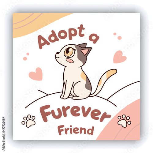 Adopt, don't shop! Creative square banner template. Naive illustration with young woman, who hugging her adopted dog with big heart on background. Flat style. Kawaii clip art with french bulldog.