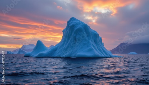 iceberg in the ocean at sunrise or sunset   lightwave style, under floodlights   subject on left with copy space on right.