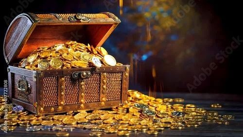Pile of Golden Coins in Ornate Wooden Chest on Dark Background