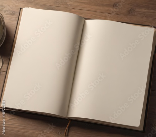 Open vertical photo album mockup, blank pages ready for pictures, nostalgic feel, vintage, rustic, vertical album