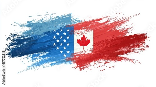 Artistic depiction of the United States and Canadian flags merged together with brush strokes.
