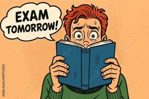 Comic style student in panic with book and  Exam Tomorrow bubble. Humorous depiction of stress, procrastination, and last-minute study