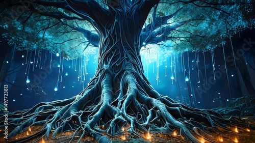 Fantasy Tree Illuminated with Floating Lights in Dark Forest
