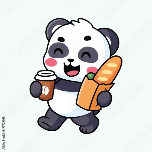 Cute Happy Panda with Coffee Cup and Baguette – Kawaii Cartoon Style