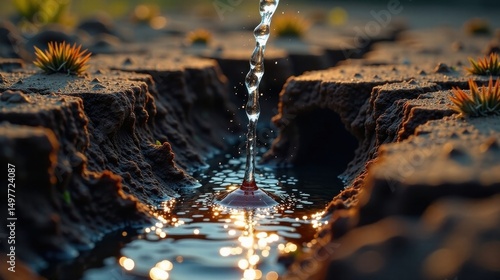 A revitalizing stream of water cascades into a parched landscape, nourishing the resilient desert flora with life-giving moisture, a testament to nature's enduring power