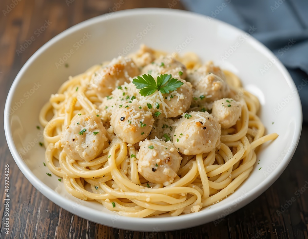 Delicious Italian spaghetti with meatballs and rich tomato meat sauce on a white plate Delicious Italian spaghetti with meatballs and rich tomato meat sauce on a white plate