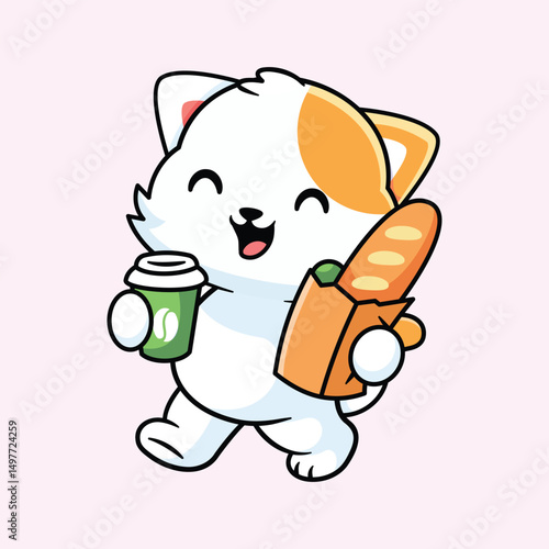 Cute Happy Cat with Coffee Cup and Baguette – Kawaii Cartoon Style