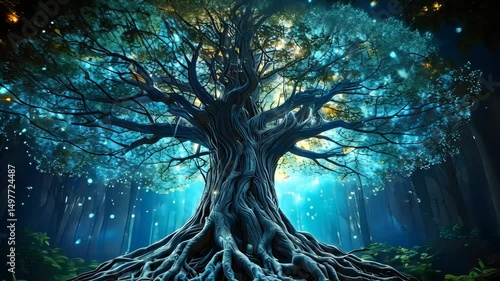 Glowing Fantasy Forest Tree Surrounded by Light Particles