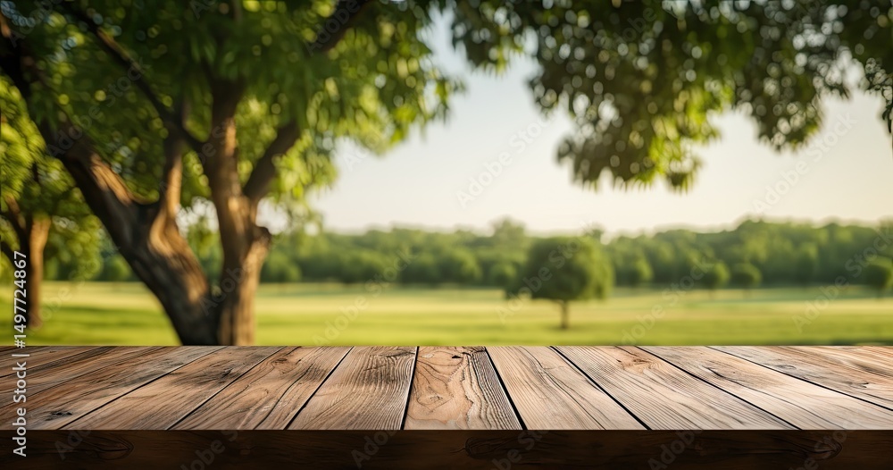 Fototapeta premium empty wooden table with blurred natural landscape in background