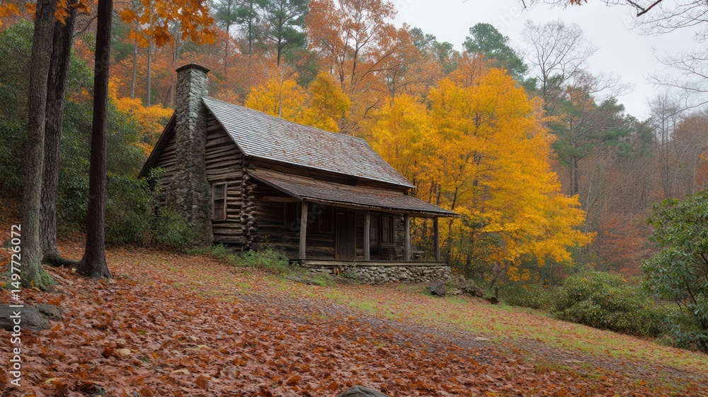 Rustic log cabin nestled in autumn woods with colorful fall foliage. Rustic log cabin nestled in autumn woods with colorful fall foliage.