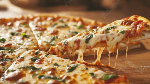 Delicious pizza with gooey cheese being lifted in a warm inviting scene.
