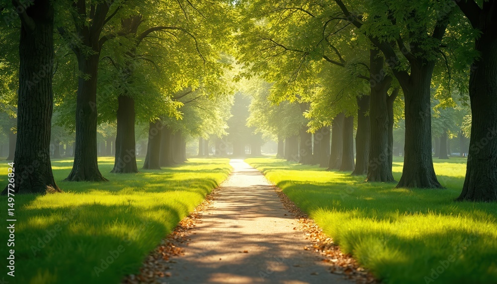 Naklejka premium Pathway through green park, sunlight. Trees form tunnel over road. Path leads to sunlight. Serene landscape, calmness, escape, peaceful environment. Nature, harmony.