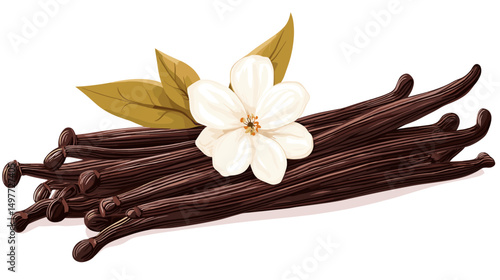 The closeup vanilla flower and beans isolated on white background vector illustration