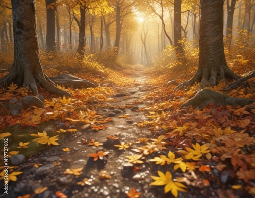 Golden autumn leaves on vibrant fall foliage, sunlight dappling forest floor, grateful, branches, autumn