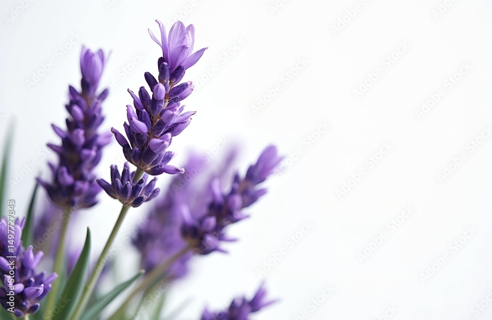 Obraz premium Close-up of lavender flower on white background. Focus on gentle curves and subtle hues of purple blossoms. Image evokes sense of tranquility. Ideal for aromatherapy, cosmetic product, floral design.
