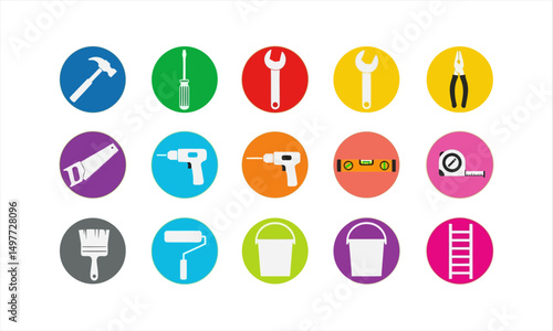 Home Improvement and Tool Icons Set. including hammers, screwdrivers, wrenches, saws, drills, levels, paint brushes, rollers, buckets, and ladders.