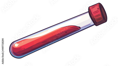 A digital illustration depicts a test tube, rendered in a slightly cartoonish style. The tube is transparent, showcasing a vibrant crimson liquid that occupies approximately one-third of its volume.